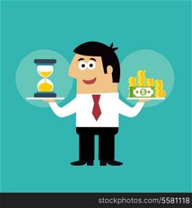 Business life employee with hourglass and coins in time is money concept vector illustration