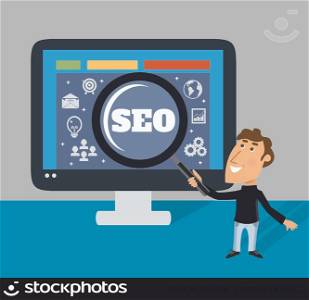 Business life employee with magnifier and big monitor SEO concept vector illustration