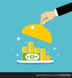 Business life hand opens serve cloche with money concept vector illustration