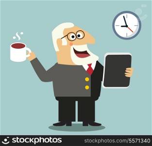Business life happy boss with coffee mug and tablet pc reading news stock prices scene concept vector illustration
