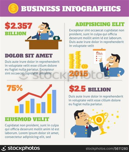 Business life infographics with boss at desk shareholder with plan and award vector illustration.