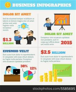 Business life infographics with working employee meeting boss and shareholder vector illustration