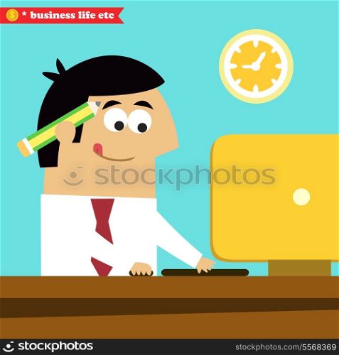 Business life. Manager working diligently on the computer vector illustration