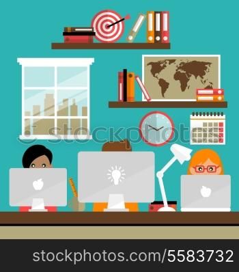 Business life people team work on laptop computers in office vector illustration
