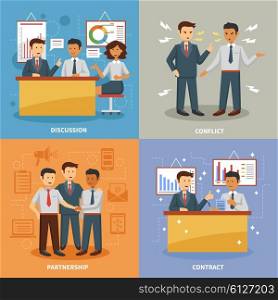 Business life set. Business life design concept set with flat discussion office conflict and partnership flat icons isolated vector illustration