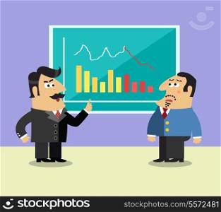 Business life shareholder in suit near the graph and frustrated executive director scene concept vector illustration