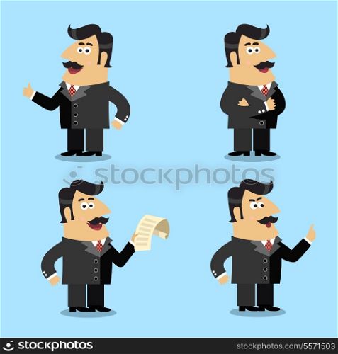 Business life shareholder in suit with paper emotional gestures and poses set isolated vector illustration