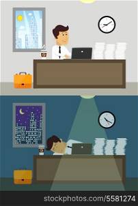Business life workaholic worker in office day and night scene vector illustration