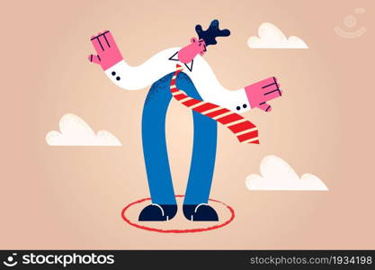 Business limits and challenge concept. Young frustrated businessman cartoon character standing in painted red circle feeling stressed vector illustration . Business limits and challenge concept.