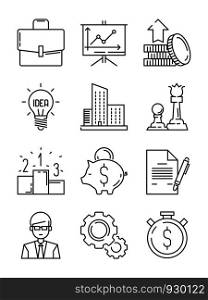 Business line icons. Money finance starting startup strategy team vector symbols isolated. Illustration of finance strategy for business, money and startup. Business line icons. Money finance starting startup strategy team vector symbols isolated