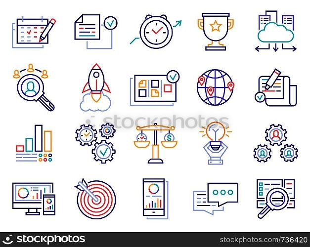 Business line icons. Money investment management, business project target and analytics icon. Marketing businessman software or job teamwork startup engine vector isolated symbols set. Business line icons. Money investment management, business project target and analytics icon vector set