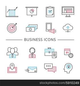 Business Line Icons Set . Business line icons set with brainstorming teamwork and targets flat isolated vector illustration