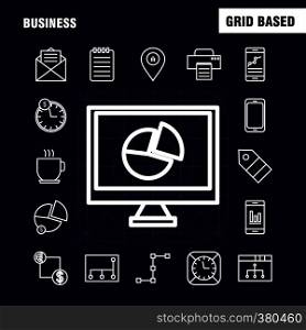 Business Line Icons Set For Infographics, Mobile UX/UI Kit And Print Design. Include: Network, Internet, Sharing, Networking, Monitor, Share, Search, Computer, Collection Modern Infographic Logo and Pictogram. - Vector