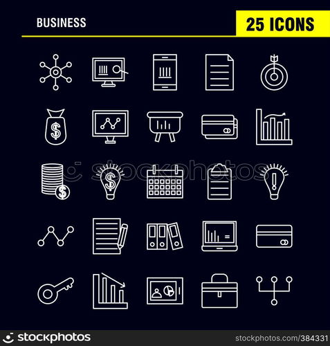 Business Line Icons Set For Infographics, Mobile UX/UI Kit And Print Design. Include: Globe, Internet, Network, Vector, Passport, Euro, Book, Document, Collection Modern Infographic Logo and Pictogram. - Vector