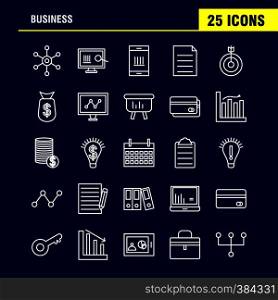Business Line Icons Set For Infographics, Mobile UX/UI Kit And Print Design. Include: Globe, Internet, Network, Vector, Passport, Euro, Book, Document, Collection Modern Infographic Logo and Pictogram. - Vector