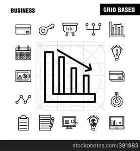 Business Line Icons Set For Infographics, Mobile UX/UI Kit And Print Design. Include: Globe, Internet, Network, Vector, Passport, Euro, Book, Document, Collection Modern Infographic Logo and Pictogram. - Vector