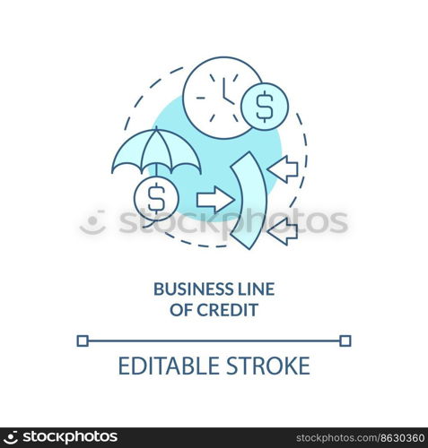 Business line of credit turquoise concept icon. Source of short term financing abstract idea thin line illustration. Isolated outline drawing. Editable stroke. Arial, Myriad Pro-Bold fonts used. Business line of credit turquoise concept icon