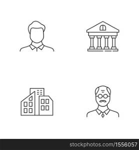 Business linear icons set. Man avatar. Middle age businessman. Bank account. Real estate. Customizable thin line contour symbols. Isolated vector outline illustrations. Editable stroke. Business linear icons set