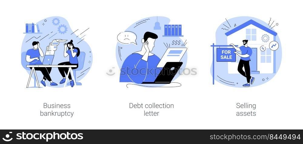 Business liquidation isolated cartoon vector illustrations set. Disappointed business owner sad about company bankruptcy, upset man holds debt collection letter, selling assets vector cartoon.. Business liquidation isolated cartoon vector illustrations se