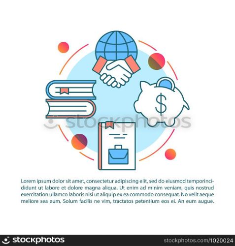 Business literature article page vector template. Brochure, magazine, booklet design element with linear icons. Investment and financial literacy book. Print design. Concept illustrations with text