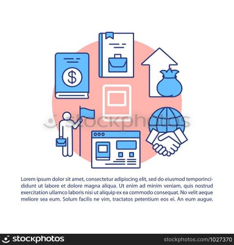 Business literature article page vector template. Brochure, magazine, booklet design element with linear icons. Financial literacy, goal achieving books.Print design. Concept illustrations with text