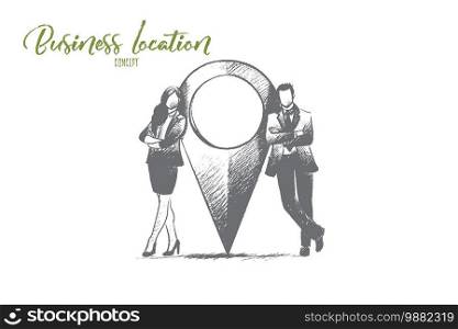 Business location concept. Hand drawn man and woman near location point. Marker of place isolated vector illustration.. Business location concept. Hand drawn isolated vector.