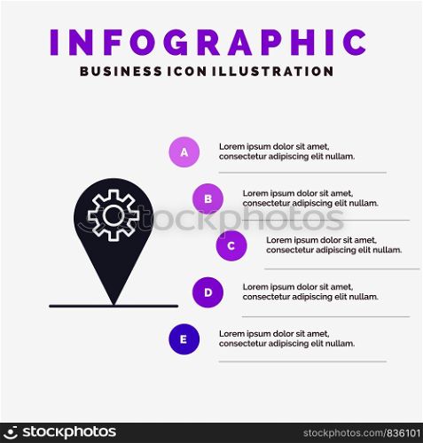 Business, Location, Map, Gear Solid Icon Infographics 5 Steps Presentation Background