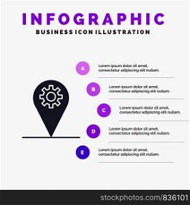 Business, Location, Map, Gear Solid Icon Infographics 5 Steps Presentation Background