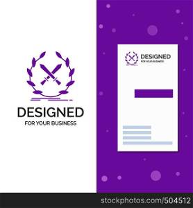 Business Logo for battle, emblem, game, label, swords. Vertical Purple Business / Visiting Card template. Creative background vector illustration. Vector EPS10 Abstract Template background
