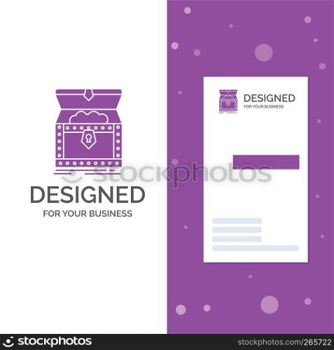 Business Logo for Box, chest, gold, reward, treasure. Vertical Purple Business / Visiting Card template. Creative background vector illustration