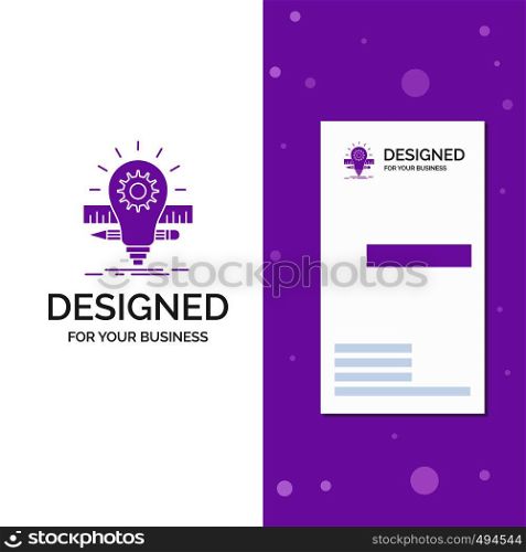 Business Logo for Development, idea, bulb, pencil, scale. Vertical Purple Business / Visiting Card template. Creative background vector illustration. Vector EPS10 Abstract Template background