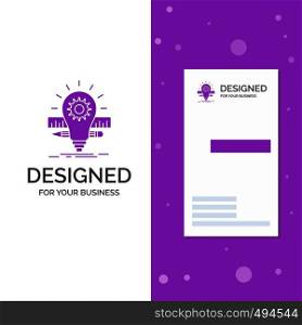 Business Logo for Development, idea, bulb, pencil, scale. Vertical Purple Business / Visiting Card template. Creative background vector illustration. Vector EPS10 Abstract Template background