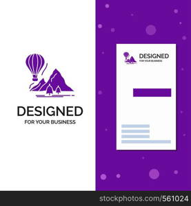 Business Logo for explore, travel, mountains, camping, balloons. Vertical Purple Business / Visiting Card template. Creative background vector illustration. Vector EPS10 Abstract Template background