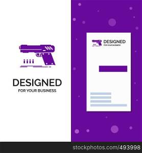 Business Logo for gun, handgun, pistol, shooter, weapon. Vertical Purple Business / Visiting Card template. Creative background vector illustration. Vector EPS10 Abstract Template background
