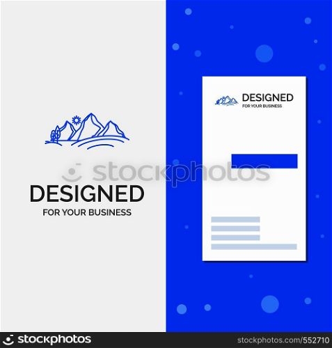Business Logo for hill, landscape, nature, mountain, sun. Vertical Blue Business / Visiting Card template. Vector EPS10 Abstract Template background