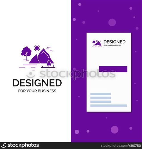 Business Logo for hill, landscape, nature, mountain, sun. Vertical Purple Business / Visiting Card template. Creative background vector illustration. Vector EPS10 Abstract Template background