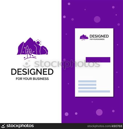 Business Logo for hill, landscape, nature, mountain, tree. Vertical Purple Business / Visiting Card template. Creative background vector illustration. Vector EPS10 Abstract Template background