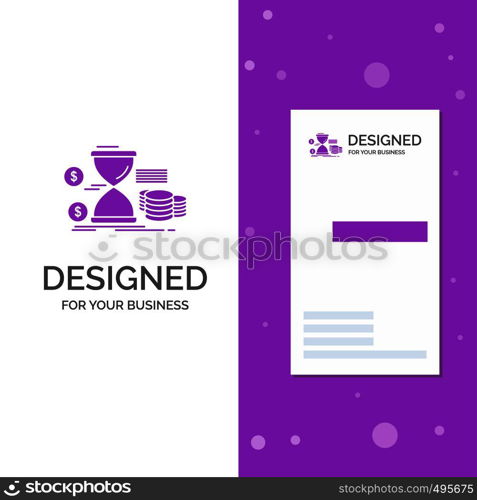 Business Logo for Hourglass, management, money, time, coins. Vertical Purple Business / Visiting Card template. Creative background vector illustration. Vector EPS10 Abstract Template background