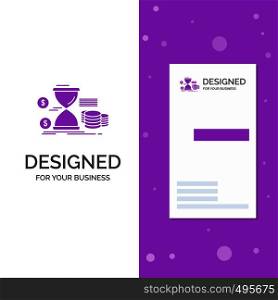 Business Logo for Hourglass, management, money, time, coins. Vertical Purple Business / Visiting Card template. Creative background vector illustration. Vector EPS10 Abstract Template background