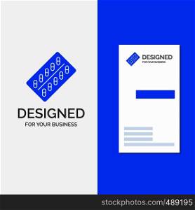 Business Logo for medicine, Pill, drugs, tablet, packet. Vertical Blue Business / Visiting Card template.. Vector EPS10 Abstract Template background