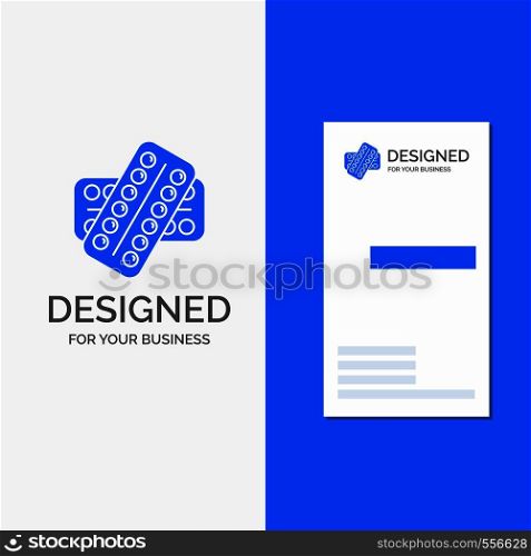Business Logo for medicine, Pill, drugs, tablet, patient. Vertical Blue Business / Visiting Card template.. Vector EPS10 Abstract Template background