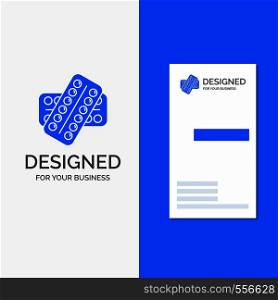 Business Logo for medicine, Pill, drugs, tablet, patient. Vertical Blue Business / Visiting Card template.. Vector EPS10 Abstract Template background