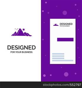 Business Logo for mountain, landscape, hill, nature, sun. Vertical Purple Business / Visiting Card template. Creative background vector illustration. Vector EPS10 Abstract Template background