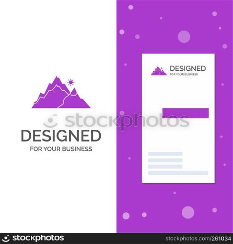 Business Logo for mountain, landscape, hill, nature, tree. Vertical Purple Business / Visiting Card template. Creative background vector illustration