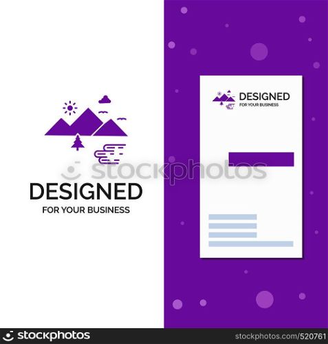Business Logo for Mountains, Nature, Outdoor, Clouds, Sun. Vertical Purple Business / Visiting Card template. Creative background vector illustration. Vector EPS10 Abstract Template background