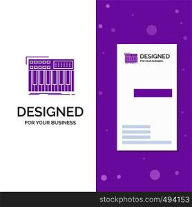Business Logo for synth, keyboard, midi, synthesiser, synthesizer. Vertical Purple Business / Visiting Card template. Creative background vector illustration. Vector EPS10 Abstract Template background