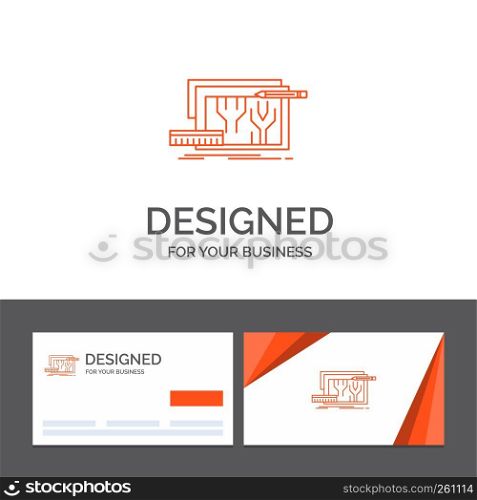 Business logo template for Architecture, blueprint, circuit, design, engineering. Orange Visiting Cards with Brand logo template