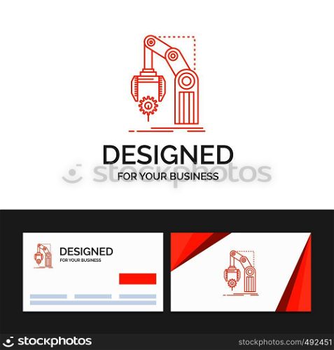 Business logo template for Automation, factory, hand, mechanism, package. Orange Visiting Cards with Brand logo template. Vector EPS10 Abstract Template background
