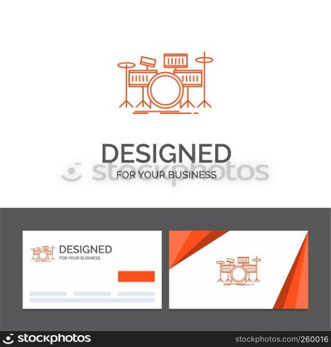 Business logo template for drum, drums, instrument, kit, musical. Orange Visiting Cards with Brand logo template