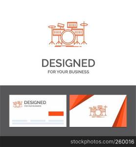 Business logo template for drum, drums, instrument, kit, musical. Orange Visiting Cards with Brand logo template